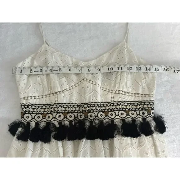 Hemant & Nandita Sleeveless White Eyelet‎ Black Tassel Midi Dress Size XS